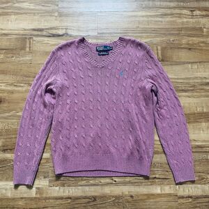 POLO RALPH LAUREN VTG Men L Pink 100% Silk V-Neck Cable Knit Sweater Golf Preppy
